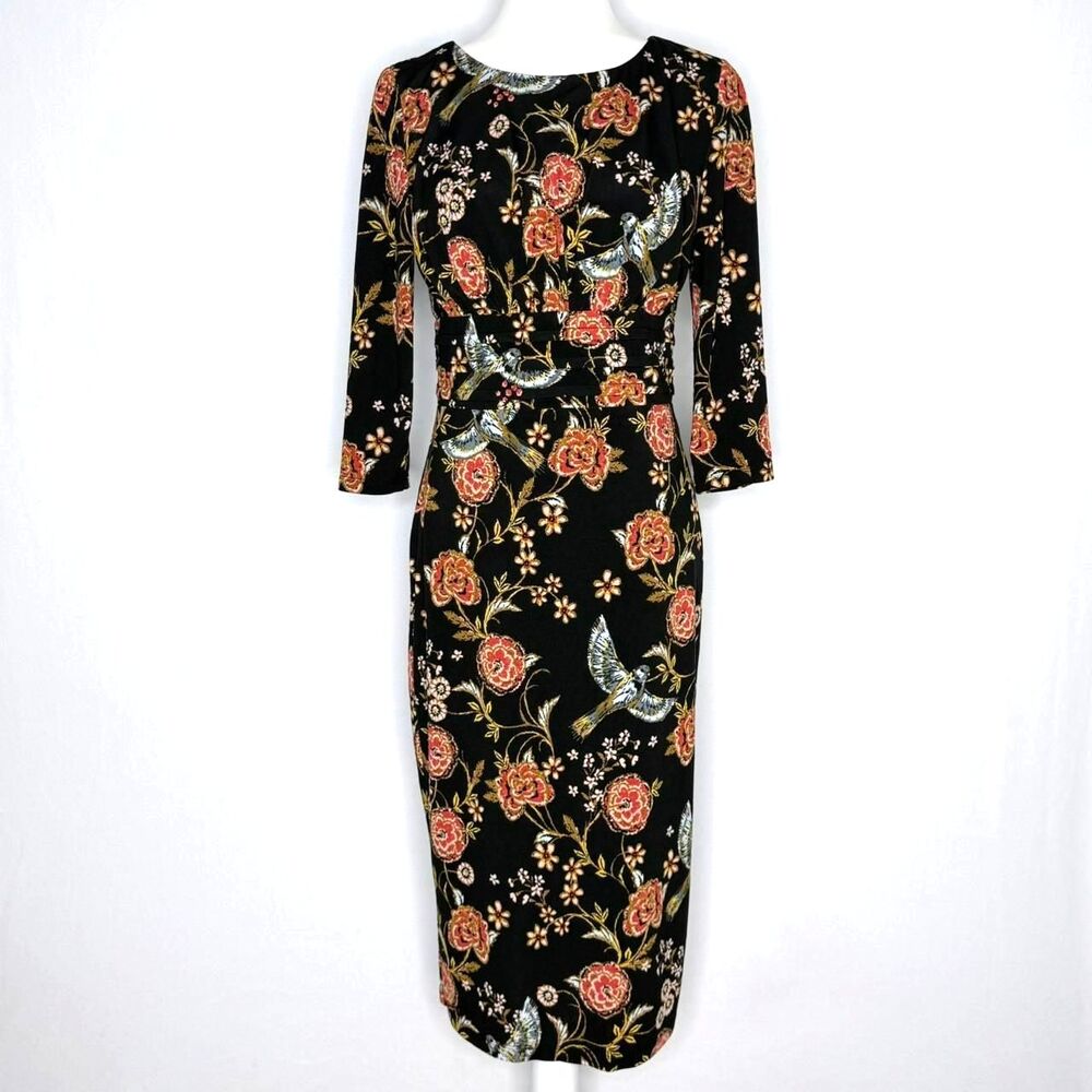 Melrose Black floral soaring sparrow bird midi dress with 3/4 sleeves, featuring